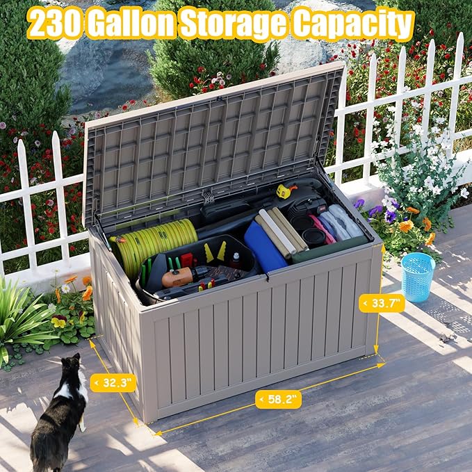 DRATO 230 Gallon Deck Box, Waterproof Resin Large Outdoor Storgae Box for Patio Furniture, Patio Cushions, Gardening Tools, Pool Supplies, Lockable