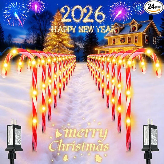 BOSSERN 24 Pack Christmas Candy Cane Lights Plug in, Jumbo Candy Cane Light Waterproof, 8 Modes Christmas LED Decorations for Outdoor, Pathway Lights Plug in for Garden Lawn Yard Patio Decorations