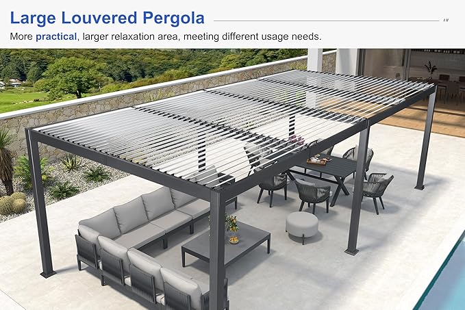 PURPLE LEAF Louvered Pergola 11' x 28' Aluminum Pergola with White Roof Four Independently Adjustable Hardtop Rainproof Louver for Patio Garden Backyard