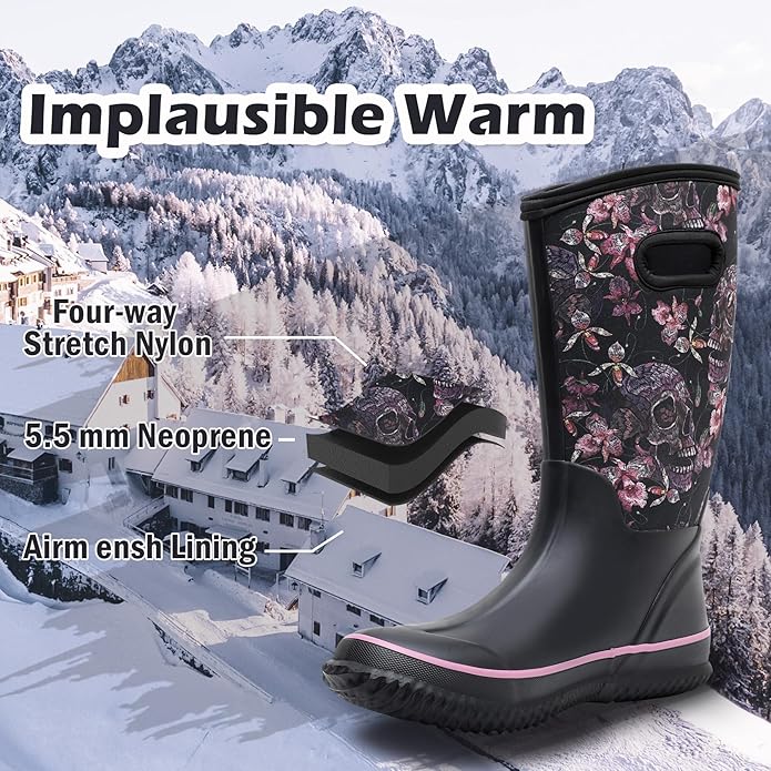 WTW Mid Calf Rain Boots for Women - Waterproof Insulated Neoprene Mud Boots Outdoor Hunting Garden Boots