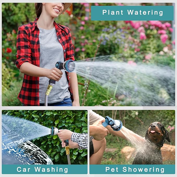 50FT Garden Hose, 304 Stainless Steel Water Hose, Flexible with a 10-Mode Nozzle Sprayer, No Kink, Lightweight, Puncture Proof, Ideal for Yard, Lawn, Outdoor, 5/8" Outside Diameter