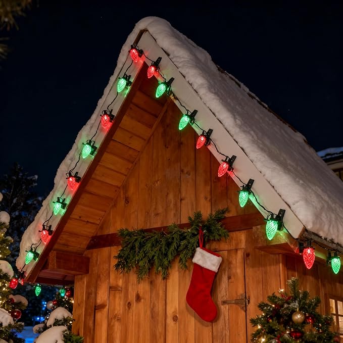TW SHINE C9 Christmas Lights, 100 LED 66 FT Christmas String Lights Outdoor with 100 Spring Clips and Timer, Waterproof Connectable for Indoor Yard Xmas Tree House Decorations (Red & Green)