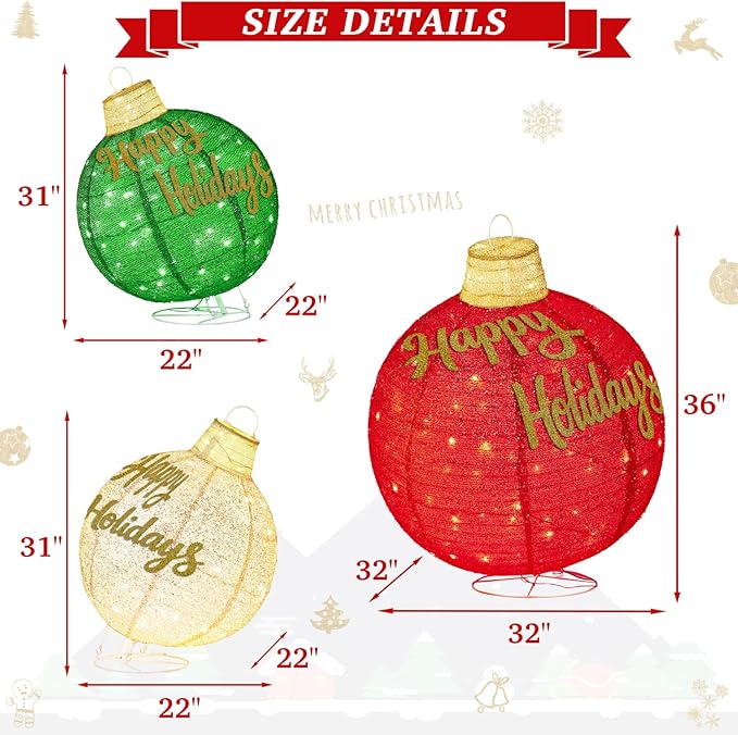 3Pcs 3FT Lighted Christmas Ornament Set Expandable Outdoor, Indoor Holiday Decor with 290 LED Lights, Easy Assembly & Weatherproof, Red & Green & Gold Light-Up Ball for Yard, Garden, Storefront.
