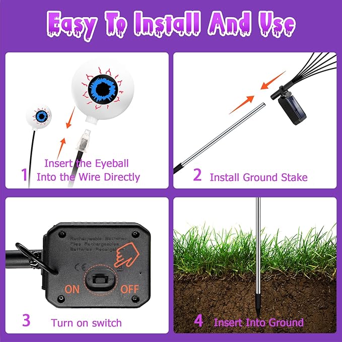 Kohlrabi Halloween Decorations Outdoor, 4 Pack 24 LED Solar Scary Eyeball Swaying Lights, Purple Solar Firefly Light Waterproof Outdoor Garden Lights for Halloween Yard Garden Lawn Party Flower Bed