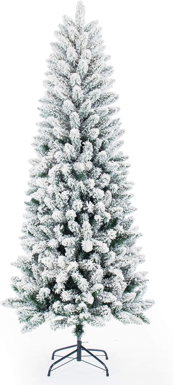 Artificial Christmas Trees,Classic Pencil Tree with White Snow Flocked,Unlit 6FT