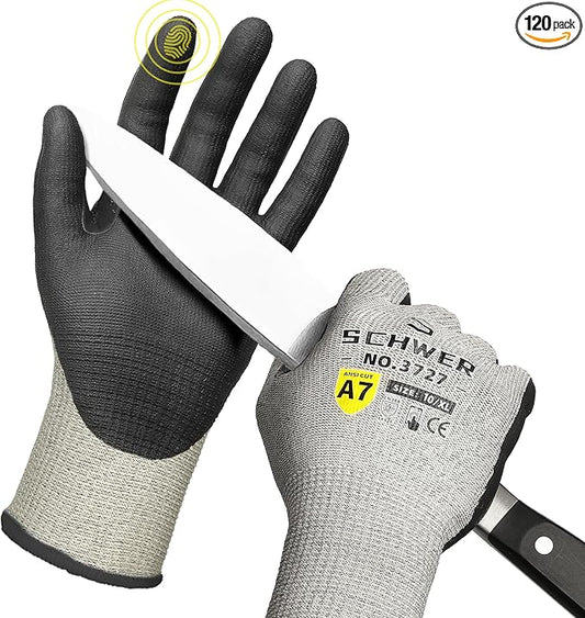 120 Pairs High Level Cut Resistant Work Gloves for High Risk Work, ANSI A7 Cutting Gloves with Reinforced Thumb, Used for WoodWorking, Construction, Non Slip, Durable, Breathable & Cool, XL, PR3727