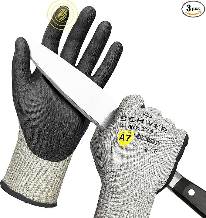 3 Pairs High Level Cut Resistant Work Gloves for High Risk Work, ANSI A7 Cutting Gloves with Reinforced Thumb, Used for WoodWorking, Construction, Non Slip, Durable, Breathable & Cool, XL, PR3727