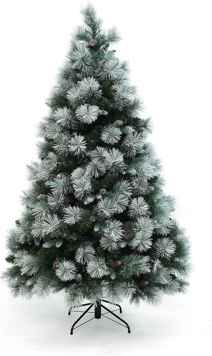 LuxenHome 6FT Christmas Tree with Lights, Full Flocked Artificial Christmas Tree with 350 LED Lights and Pinecone, and Snow Flocked Branches, Prelit Pine Tree for Indoor, Outdoor Holiday Décor