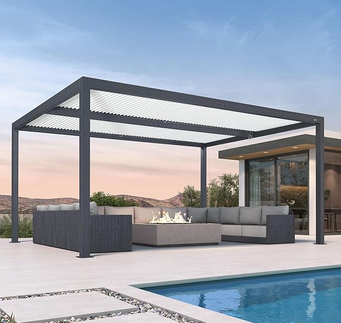 PURPLE LEAF Louvered Pergola 12' x 16' Outdoor Aluminum Pergola with Hidden Drainage System and White Adjustable Sun Shade Roof Patio Hardtop Large Pergolas for Patio Dining Lounge Poolside Fire Pit