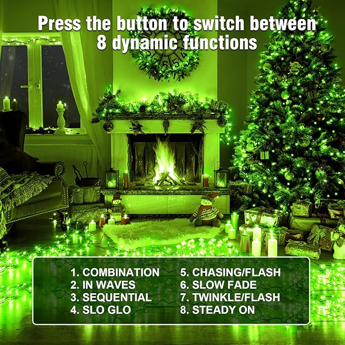 Nisocy 66FT 200 LED Green String Lights with Green Wire, Waterproof Christmas Tree Fairy Lights with 8 Modes, Indoor Outdoor Seasonal Decorative Lighting for Holiday, Party, Garden