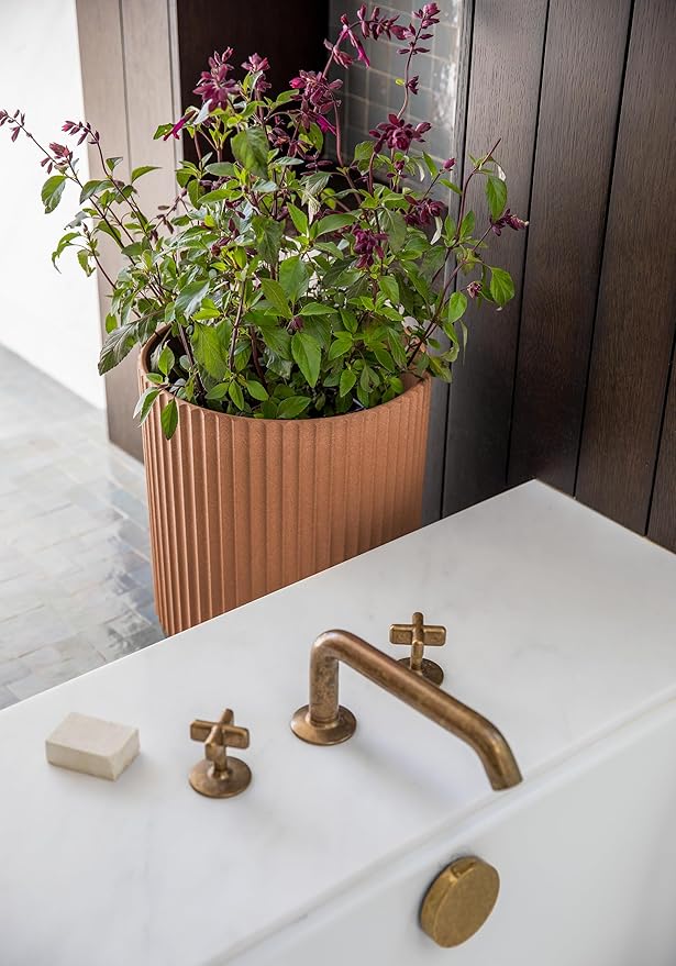 Veradek Demi Series Round Planter w/Stand for Porch/Patio | Durable Plastic-Stone Composite & Wooden Stand | Modern Décor for Tall Plants, Flowers