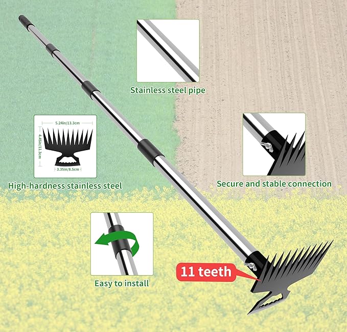 Weeding Puller Tool with Long Handle, 11 Tooth Manual Weed Rake Weeder Remover Tool Gardening with Gloves, Dandelion Gardenia Uprooting Tool for Yard, Lawn, Patio and Garden