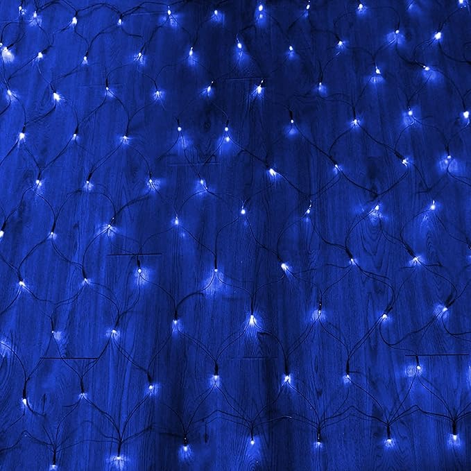 Dazzle Bright Christmas Net Lights, 360 LED 12FT x 5 FT Green Wire Waterproof Connectable String Lights with 8 Modes, Christmas Outdoor Light for Bushes Garden Party Wedding Holiday Decoration (Blue)