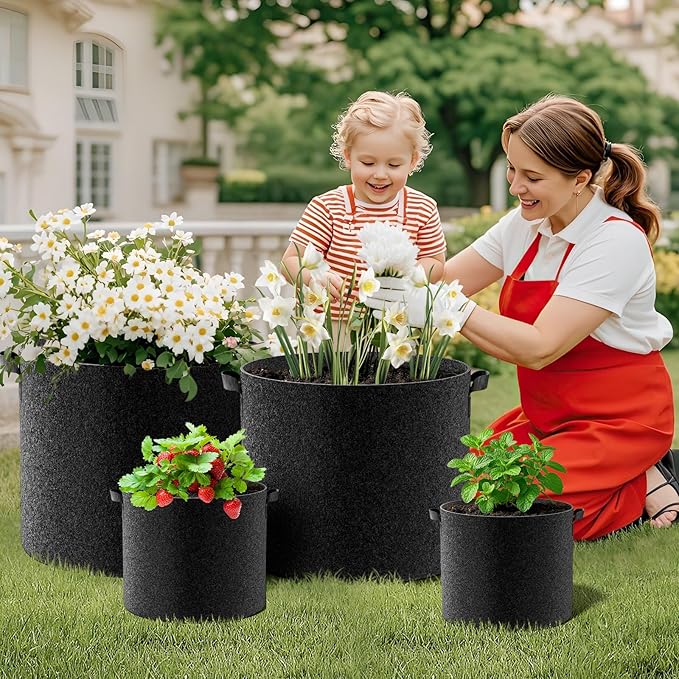 Land Guard 4-Pack Fabric Grow Bags 15 Gallon, Thickened Nonwoven Garden Pots, Growing Bags with Handles, Black
