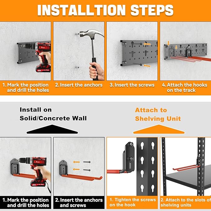 TORACK Garden Tool Organizer Wall Mounted, Garage Folding Chair Storage Rack, Tools Rack for Shovels, Rakes, Broom, Ladders, Hooks for Keyhole Style Shelving Unit(13 pcs)