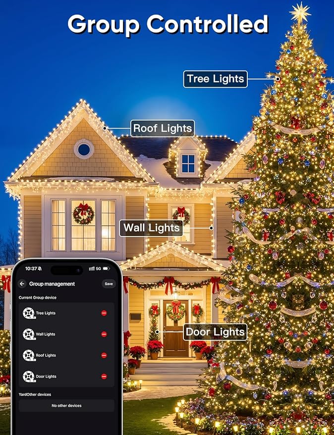 Ollny Smart Christmas Lights, 197FT 600 LED APP Control RGB Color Changing Christmas Tree Lights with Remote, Programmable DIY Musical Waterproof Decor Light with Timer for House Indoor Outdoor House