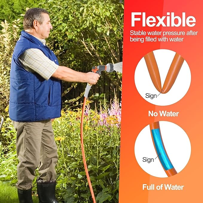 Garden Water Hose 5 ft x 5/8 in, Heavy Duty Leader Pipe Extension, Flexible, Lightweight Kink-less,Hybrid Rubber, with 3/4" Brass Fittings, Orange