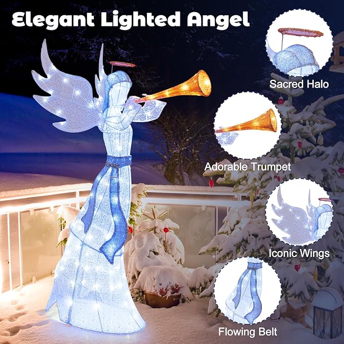 Tangkula 5 FT Christmas Angel with Trumpet, Outdoor Xmas Pre-Lit Angel with Halo, Wings & 100 LED Lights, Ground Stakes & Zip Ties Included, Lighted Winged Holiday Figure for Home, Yard
