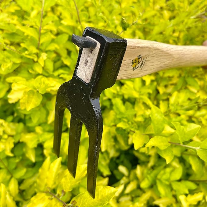 14 inch Japanese Hand Tiller/Rake for Garden, 3-tines Cultivator, Without Welding, Oak Handle, for Digging, Soil Preparation, Chopping Through Roots and Hard Soil and Other Gardening tasks