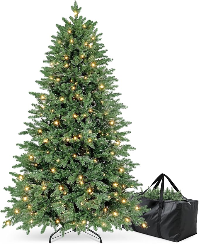 6ft Christmas Tree Prelit w/ 2085 PE & PVC Mixed 'Feel Real' Branch Tips, 400 Warm LED Lights, Hinged Spruce Artificial Xmas Tree with Metal Stand & Storage Bag for Home, Office, Party Décor