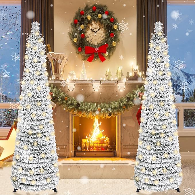 HMASYO 5 FT Pop Up Christmas Tree with Timer Lights, Collapsible Snow Flocked Pencil Christmas Tree, Artificial Slim Xmas Tree for Indoor Home Apartment Porch Holiday Party Decorations