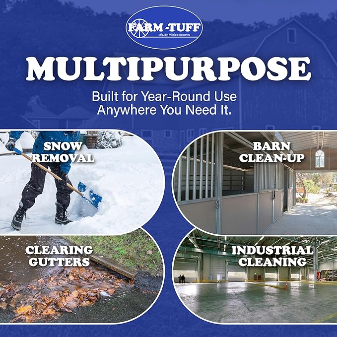 Farm-TUFF Heavy Duty Multi-Purpose Shovel - Snow, Barn, Grain, Industrial Use - Large Non-Stick Blade & Ash Hardwood D-Grip Handle - Durable & Lightweight Utility Scoop - Blue, 21.8in