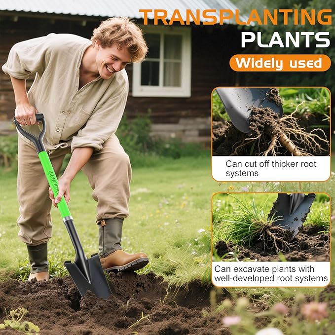 HIGHLIGHT Spade Shovel, Transplanting Spade, Drain Spade, Spade Shovels for Digging, Sharp Shooter Shovel or Spade, 45Inch, Stell D-Grip,Fiberglass Handle, Green