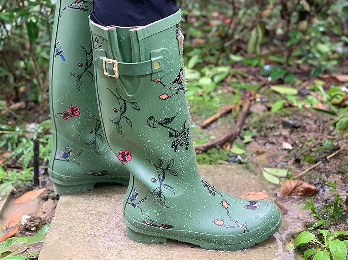 Rongee Rain Boots for Women Waterproof Garden Outdoor Mud Boots Printed with Adjustable Buckle