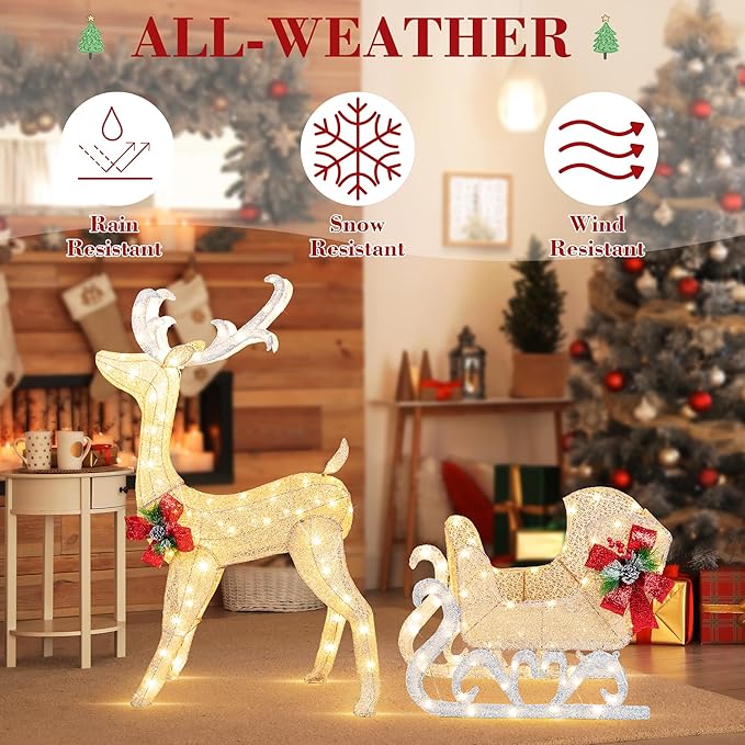 Vongrasig 4FT Lighted Christmas Reindeer & Sleigh Outdoor Yard Decoration Set W/ 205 LED Lights & 8 Ground Stakes, Zip Ties, Artificial Xmas Lighted Holiday Decor for Indoor and Outdoor(Gold)