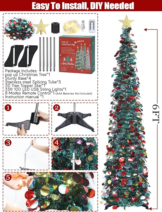 HMASYO 6 FT Pop Up Christmas Tree with 100 LED Lights & Remote, Green Christmas Tinsel Tree, Collapsible Artificial Pencil Tree for Home Office Party Decor, USB Powered Timer Lights, Easy Assembly