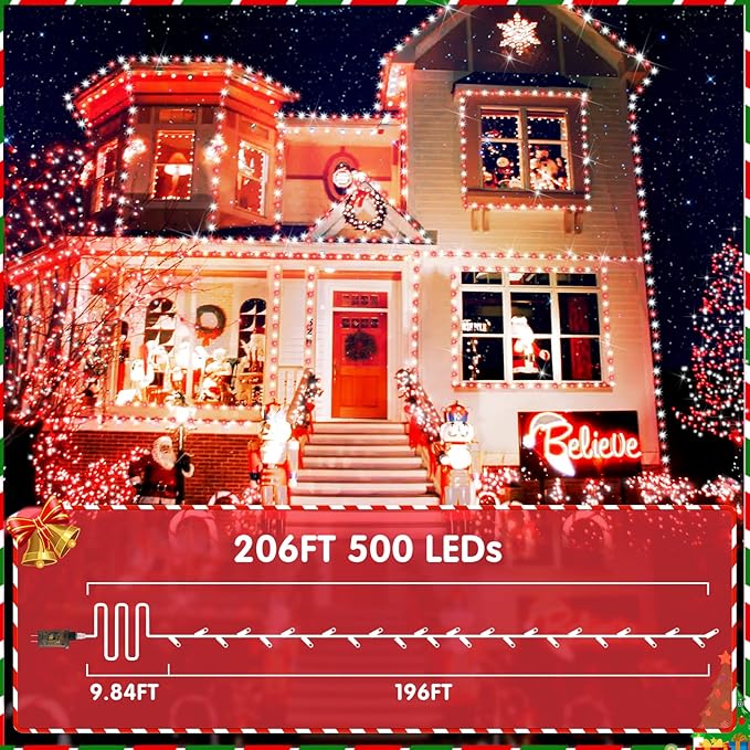 XURISEN Christmas Lights Outdoor 197FT 500 LED Green Wire String Lights 8 Modes with Timer Memory Waterproof Fairy Light Plug in for Xmas Tree Wedding Yard Party Holiday Decorations(Red+White)
