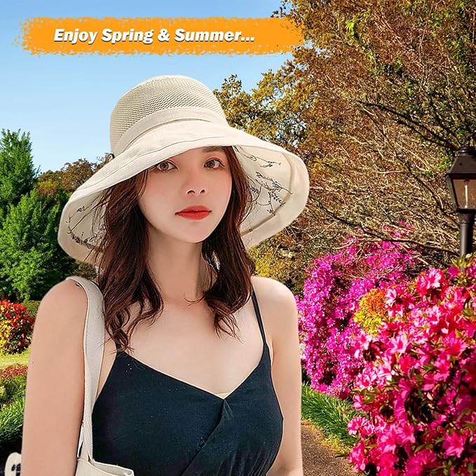 Women Wide Brim Sun Hats Metal Wired Edge Summer UV Protection Beach Fishing Hat for Hiking Garden Travel Chin Strap