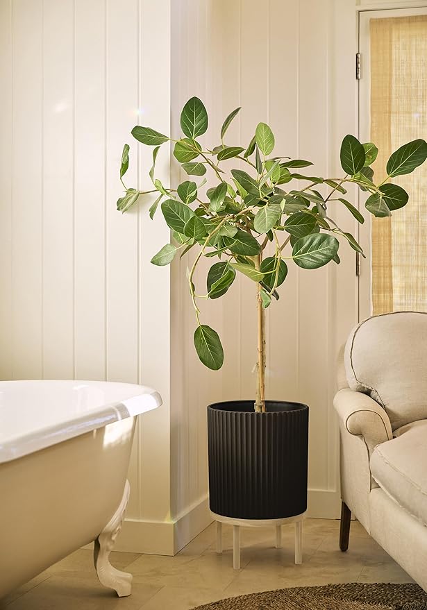 Veradek Demi Series Round Planter w/Stand for Porch/Patio | Durable Plastic-Stone Composite & Wooden Stand | Modern Décor for Tall Plants, Flowers