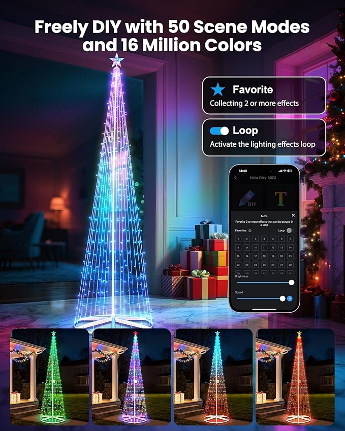 Brightown Smart Christmas Cone Tree LED Light, 12FT 443 LED Music Sync with Remote APP and Local Control, Pattern and Text Displayable, 16 Million Colors Light Show Tree for Indoor Outdoor Decorations