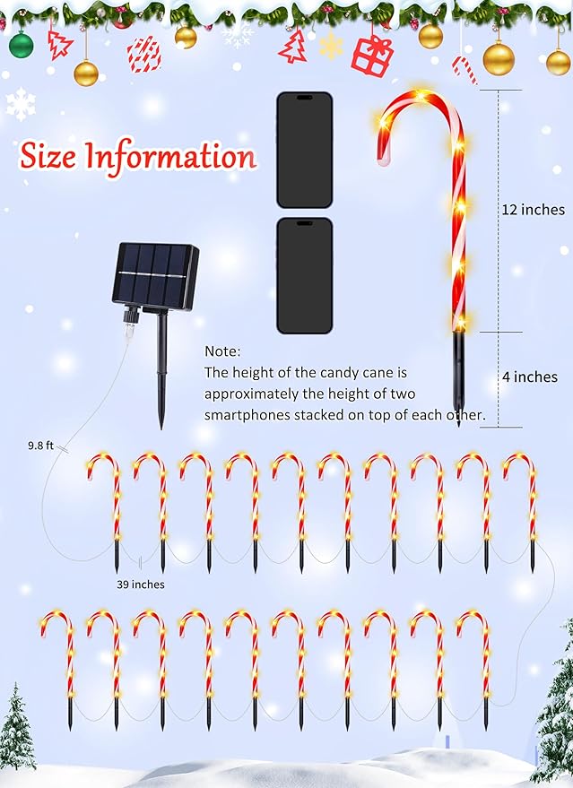 Brightown 20 Packs Solar Candy Cane Lights Outdoor Pathway, 8 Modes LED Outdoor Candy Cane Decorations Yard Lawn Driveway Walkway Sidewalk Christmas Decorations Outside