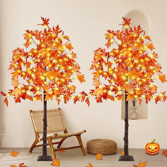 2 Pack 5FT Artificial Lighted Maple Tree, Thanksgiving Decor Artificial Tree with Timer, 200 LED Warm White Light up Fall Maple Tree for Indoor Outdoor Halloween Autumn Home Party Decoration, Orange