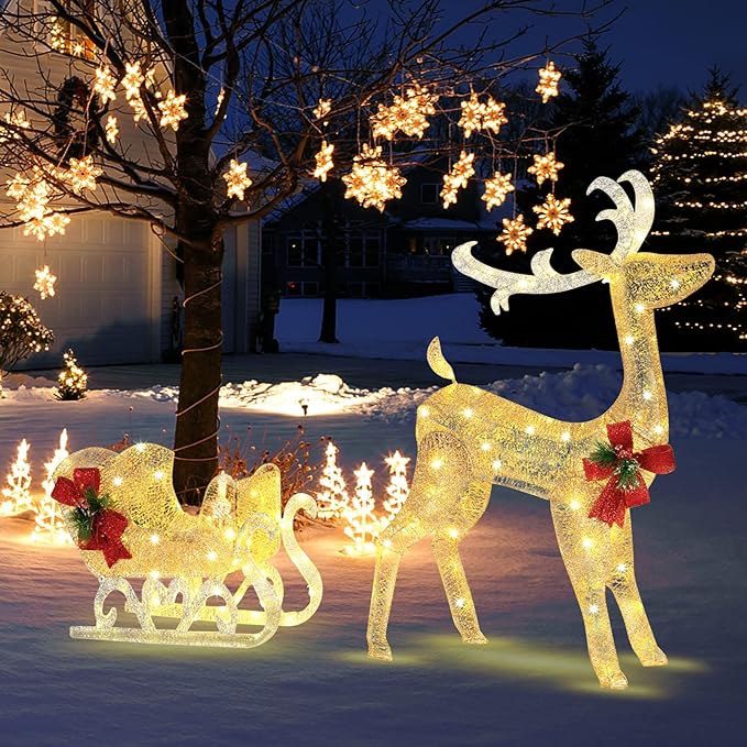 Tangkula 4.7 FT Lighted Christmas Reindeer & Sleigh, Xmas Lighted Outdoor Decoration with 100 Warm Lights, 8 Ground Stakes, 30 Cable Ties, Light-up Santa Sleigh & Reindeer for Yard, Home