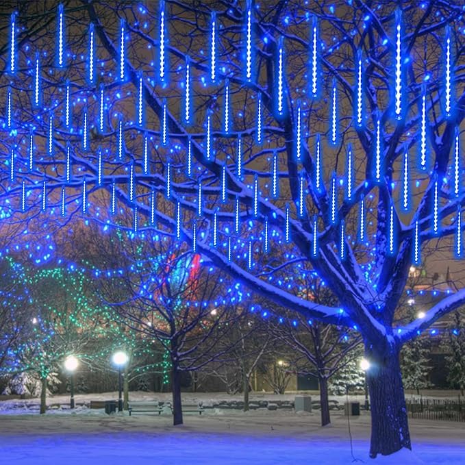 2-Pack Extendable Meteor Shower Christmas Lights Outdoor, 16 Tubes 384 LEDs Waterproof Falling Rain String Lights, Christmas String Lights Outdoor for Tree Garden Patio Holiday Decorations (Blue)