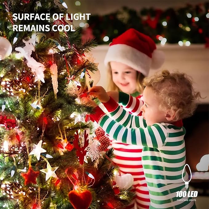 WATERGLIDE C6 Christmas Lights, 100 LED 33ft Faceted Fairy Lights Green Wire String Lights with Safe Adaptor, 8 Lighting Mode, Waterproof for Indoor Outdoor Patio Xmas Tree Party Decor, White & Red