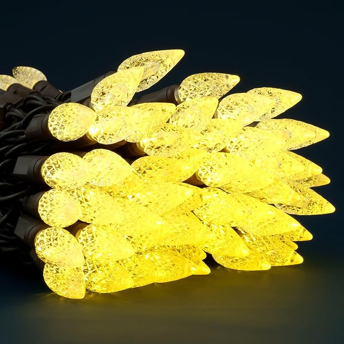 YULETIME Warm White C6 Strawberry LED Christmas Lights, 33 ft 100 Count 4" Spacing One-Piece High Waterproof UL Certified String Light (Warm White - Brown Wire)