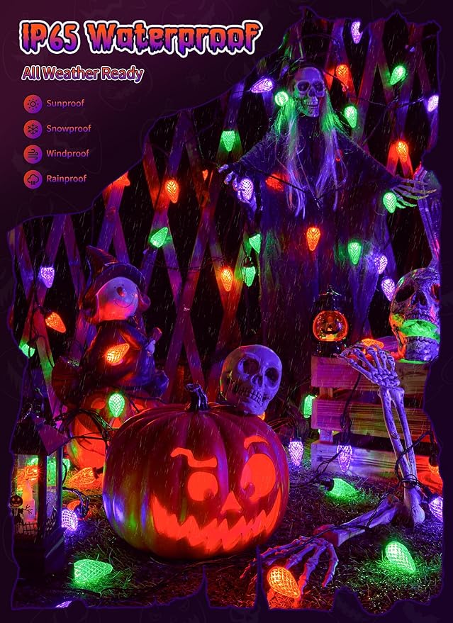 Brightown Halloween C9 LED String Lights, 114FT 150 LED Orange Purple and Green Halloween Lights with Timer & 8 Modes, Plug-in Waterproof Outdoor Lighting for House Patio Yard Porch Roof