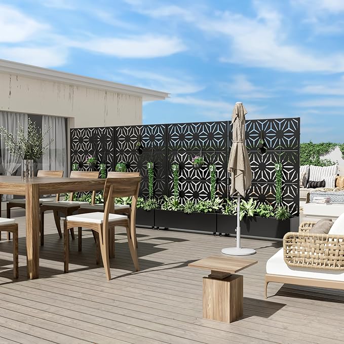 Casaphoria Metal Raised Garden Bed with Trellis and Wheels, 72"x47"x16" Planter Box for Climbing Plants, Vegetables & Vines, Features Drainage Holes and Privacy Screen (Black-Star)