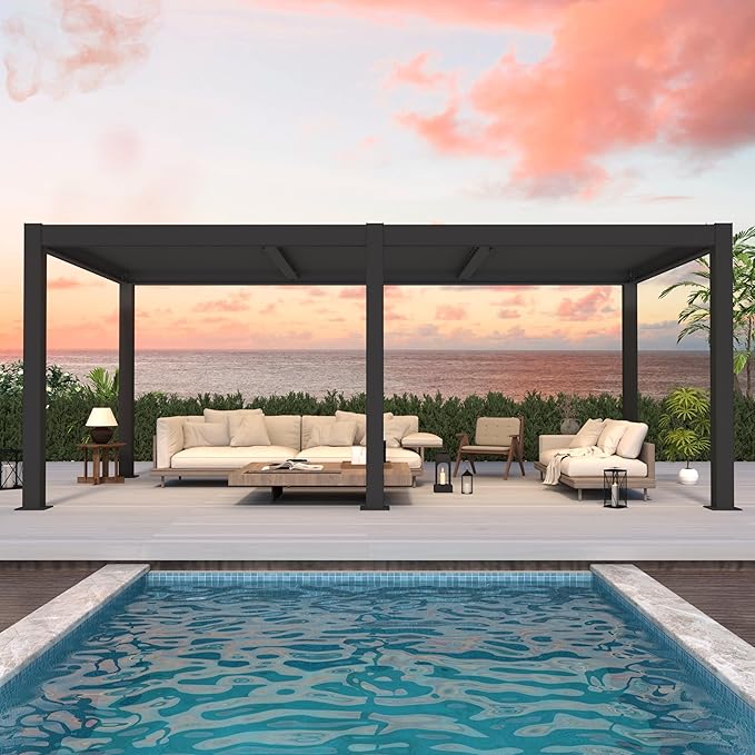 LVUYOYO Outdoor Louvered Pergola 10' x 20', Patio Aluminum Pergola with Adjustable Roof, Waterproof Metal Gazebo for Backyard, Garden, Deck (Black)