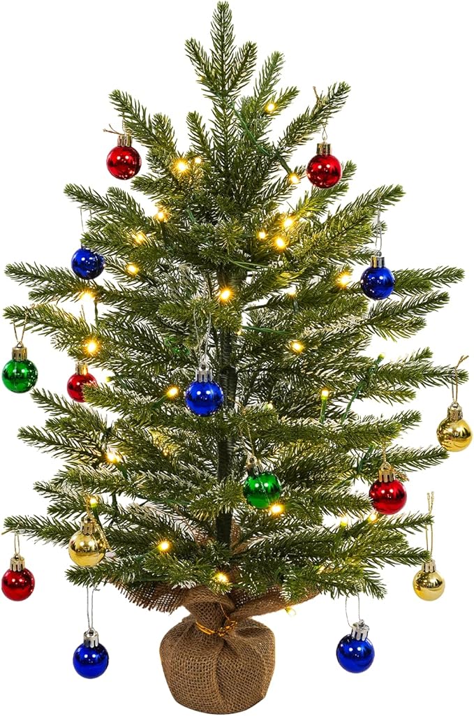 Uten Mini Christmas Tree Small Christmas Balls 18 PE Whitewash/1 Linen Base 50 LED Waterproof Battery Box with Christmas Decorations for Home, Office, Party