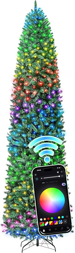 HOLLO STAR 9 ft Prelit Christmas Tree with 546 LED Lights, App Control, Artificial Pencil Christmas Tree with Multi-Color RGBW Lights, 1290 Branch Tips, Skinny Xmas Tree, Metal Base, for Home, Party