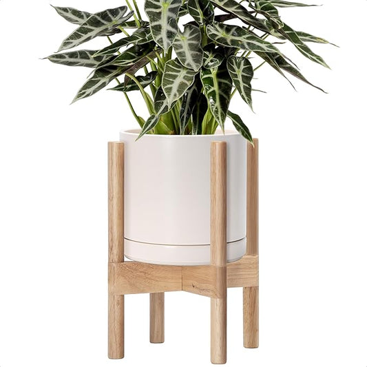 D'vine Dev Ceramic Planter with Natural Stand - 8 Inch Modern Round Flower Pot with Wood Planter Holder, Oatmeal, 55-B-N-8
