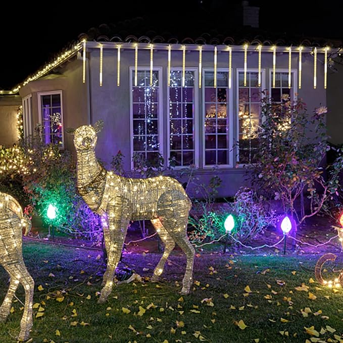 LJLNION Meteor Shower Lights, 12 Inch Outdoor Icicles Christmas Lights, 8 Tubes 288 LED Iciclelight Snow Falling Light, Connectable Raindrop Light, Xmas Wedding Party Tree Holiday Decor, Warm White