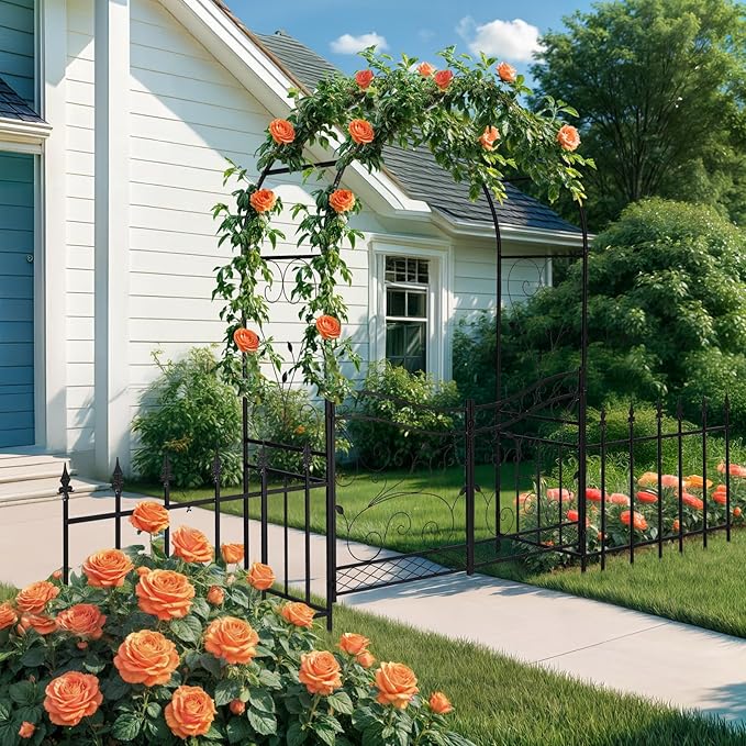 VINGLI Garden Arbor Arch, Wedding Arch Archway for Ceremony Party, Trellis for Plant Climbing, Christmas Decorations Pergola for Backyard, Lawn, Patio, Yard (Arbor with Gate and Fence)