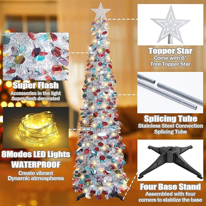 HMASYO 5 FT Pop Up Christmas Tree with Timer Lights, Silver Christmas Tinsel Tree, Collapsible Artificial Pencil Christmas Tree for Indoor Home Apartment Porch Holiday Party Decorations