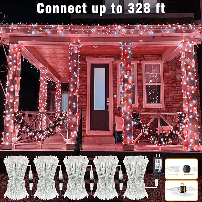 66FT 200 LED Christmas Lights Outdoor, Plug in Christmas String Lights Indoor, Waterproof & 8 Modes & Timer Function, Connectable Fairy Twinkle Light for Bedroom Classroom Wedding Decor, Red White